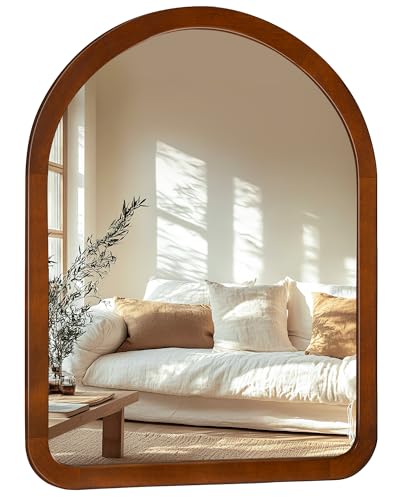 Arched Mirror 30 x 40 Inch,Walnut Brown Wood Rustic Bathroom Tempered Wall Mirror with Wood Frame,Round Corner Arch Farmhouse Wooden Vanity Mirror for Living Room,Entryway or Bedroom - color: Walnut B, size: 40"L x 30"W