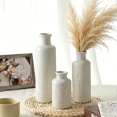White Ceramic Vase Set of 3, Rustic Vase for Farmhouse Shelves Waterproof - color: 3pcs-crack White