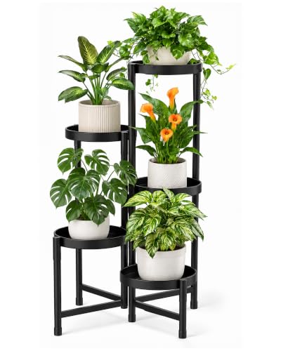 Bamworld Plant Stand Indoor Outdoor 5 Tier Corner Plant Shelf Metal Holder - color: Black, size: 5 Tiers