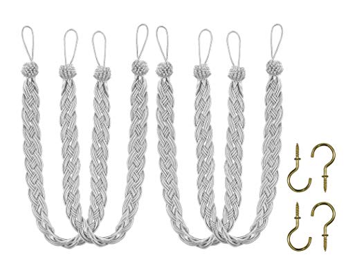 Home Queen Handwoven Rope Curtain Tiebacks for Drapes, 4 Pack Rope Holdbacks with Hooks, 23 Inch Long Polyester and Cotton Braided Tie Backs for Thick and Sheer Curtains,Silver - color: Silver, size: 4 Pack