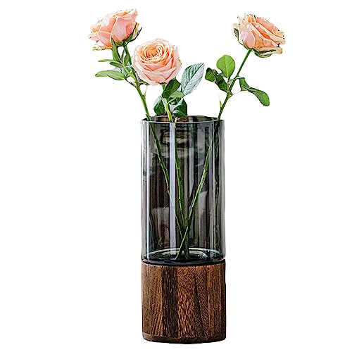 Artistic Wood Glass Vase, 10" H, Wooden Base Cylindrical Flower Vase, Classic Boho Rustic Style for Fireplace Bedroom Kitchen Living Room Centerpieces Office Desk