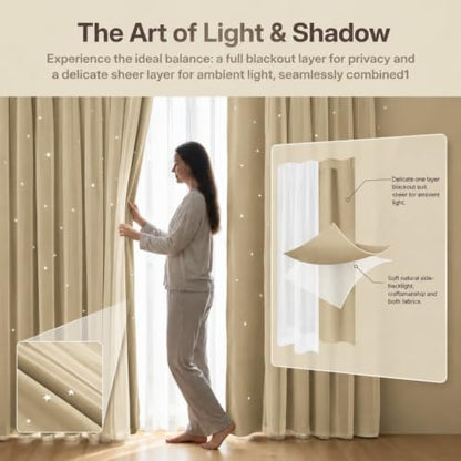 Beige Kids Star Cutout Curtains for Bedroom 70" W x 63" L 2 Panels - color: Beige, size: 70"W x 63"L (Pack of 2)
