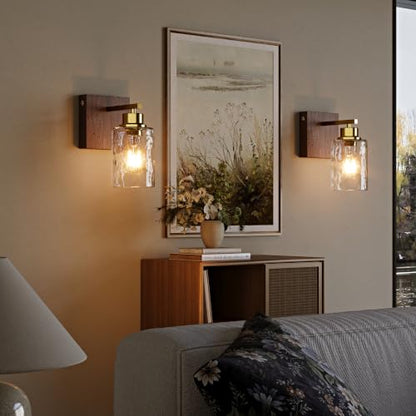 Hammered Glass Battery Operated Wall Sconces Set of Two Gold & Walnut | Dimmable Rechargeable Wall Lights with Remote Timer, Easy Install Lamp for Living Room Bedroom, Emergency 3000K - color: Gold Walnut(Clear Hammered Lampshades)
