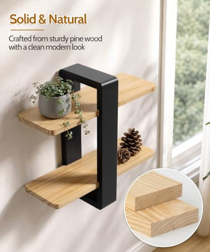 SUMGAR Floating Shelves for Wall Wood, 2 Tier Adjustable Plant Shelf Unit - color: Black&wooden, size: 2 Tier 16in