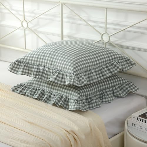 Mywinlle Dusty Green Gingham Plaid Ruffle Throw Pillow Covers 18"x18" - color: Dusty Green, size: 18" x 18" (Pack of 2)