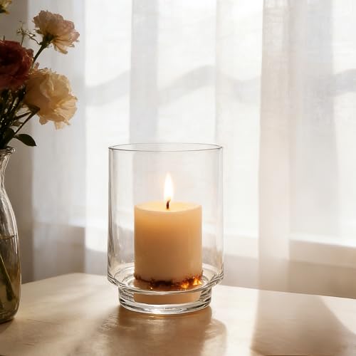 6" Wide Clear Glass Hurricane Candle Holder with Pedestal, Footed Decorative Vase for Pillar Candles, Cylinder Candleholder, Clear Glass Vase, for Mantels, Tabletops, Centerpieces, Entryways, Shelves - size: 6"x8"