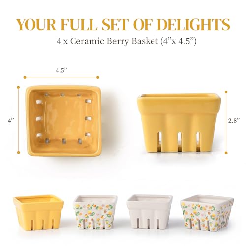BIEN BEAU Ceramic Berry Basket Set of 4, Floral Fruit Colanders for Kitchen - color: Yellow