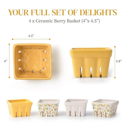 BIEN BEAU Ceramic Berry Basket Set of 4, Floral Fruit Colanders for Kitchen - color: Yellow