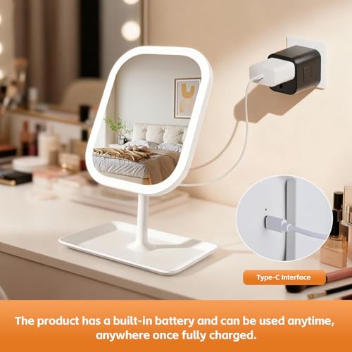 Rechargeable 2400mAh Makeup Mirror,360-degree rotatable Tabletop Vanity Mirrors with Lights，High-Definition led led Vanity Mirrors，Compact Mirror with Light for Women Gifts
