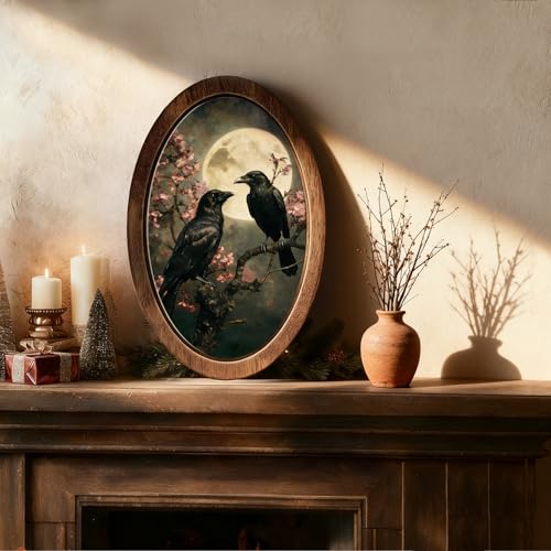 YZSLA Gothic Moody Black Crow Full Moon Framed Wall Art Decor - color: Crow