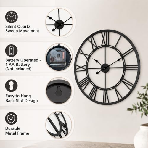 Large Wall Clock 27.5 Inch, Roman Numerals, Battery Operated, Black