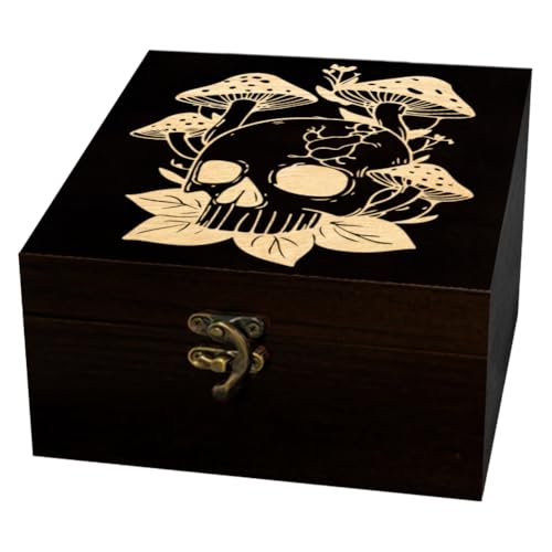 arricraft Small Wooden Keepsake Storage Box, Skeleton Skull Mushroom Plant