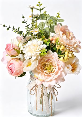LUEUR Artificial Hydrangea in Vase, Silk Pink Dahlia Flower Bouquet - color: Pink