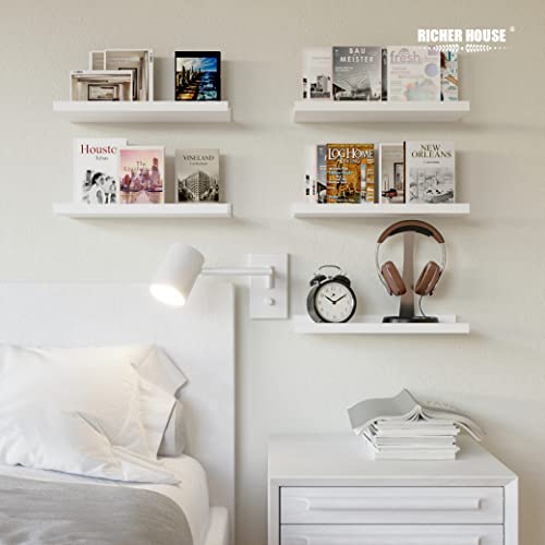 RICHER HOUSE 5-Set Floating Shelves with Lip, White Wall Mounted Wood Shelf - color: White, size: 16in