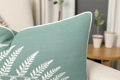 Rudransha Botanical Fern Leaf Embroidery Lumbar Pillow Cover - 14x24 Light Teal Cotton - color: Light Teal-ferny, size: 24" x 14" (Pack of 1)