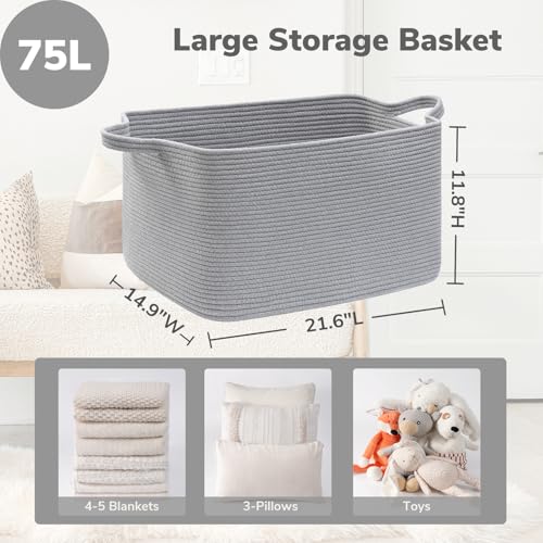 Goodpick Large Woven Rope Blanket Basket, Rectangle, Gray, 75L - color: Grey, size: Large(21.6"L x 14.9"W x 11.8"H)