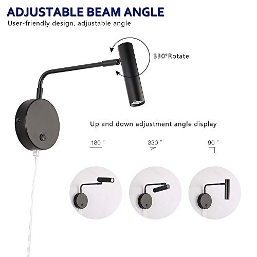 Joossnwell Wall Lights with Plug in Cord, Industrial Wall Lamps for Bedroom with on Off Switch Warm White 3000K Black-1 Pack - color: Black-Plug