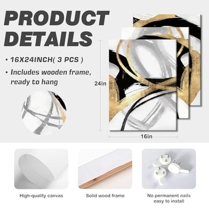 LYYGLYY 3Pcs Framed Abstract Black and Gold Canvas Wall Art 16x24 Inches - color: Dancing Lines, size: 16x24 Inches
