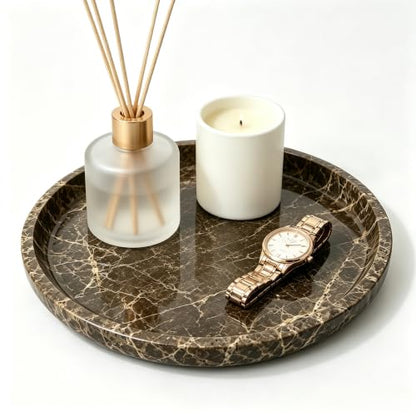 Marble Vanity Tray, Natural Hand Polished Round Serving Tray - color: Brown