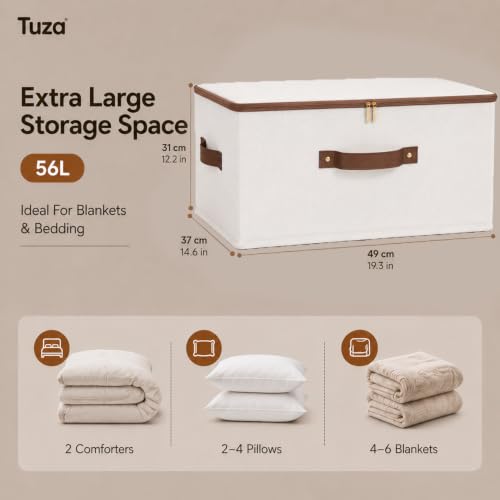 Tuza 3 Pcs Rigid Storage Bins with Zipper Lid, Cotton Linen Fabric Storage Boxes, Foldable Shelves Clothes Storage Cubes with Handles for Wardrobe, Closet(Beige, 56L) - color: Beige, size: XXL-56L