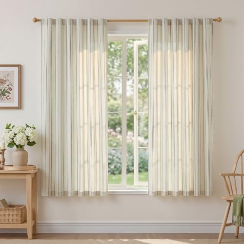 MYSKY HOME Linen Curtains Green Striped for Bedroom 63 Inches Long Set of 2 - color: Green, size: 50"W x 63"L (Pack of 2)