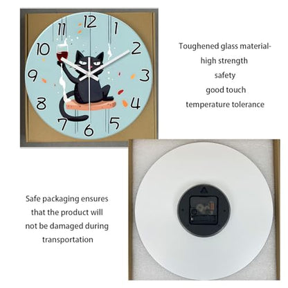 XNM Glass Analog Cat Wall Clock Battery Operated 12 Inch - color: Black, size: 12 Inch