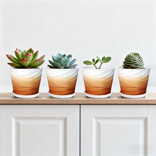 5 Inch Ceramic Plant Pot(5.5 in Diameter, 4 Pack) - color: Khaki + White, size: 5.5 Inch-4 Pack