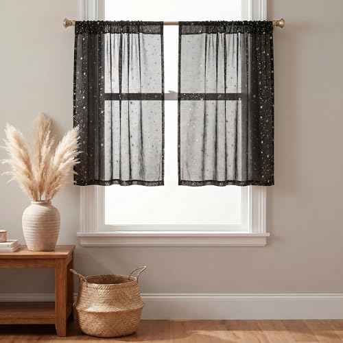 Horaldaily 2Pcs Black Tier Curtains 52x36in, Gold Sequin Star, Halloween - color: Black and Gold, size: 52"W x 36"L (Pack of 2)