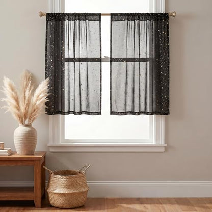 Horaldaily 2Pcs Black Tier Curtains 52x36in, Gold Sequin Star, Halloween - color: Black and Gold, size: 52"W x 36"L (Pack of 2)