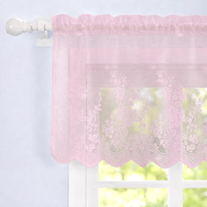 Molaxhome Kitchen Curtains Valance Pink Lace Floral Semi Sheer Curtain - color: Pink, size: 51"W x 16"L (Pack of 1)