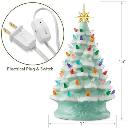 Casafield Hand Painted Ceramic Christmas Tree, Seafoam Green Snow Flocked 15-Inch Pre-Lit Tree with 128 Multi Color Lights and 2 Star Toppers - color: Seafoam Snow Flocked