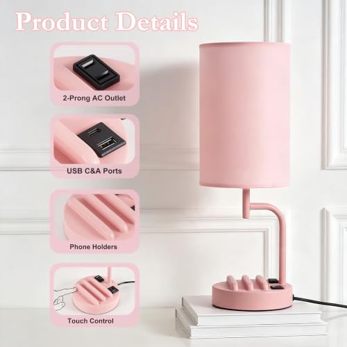 Dreamholder Touch Control USB Table Lamp with USB C/A & AC Outlet, 3-Way Dimmable Bedside Lamp, Modern Nightstand Lamps for Bedroom Living Room Guest Room Office, Bulb Included, Pink - color: Pink