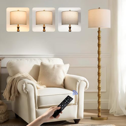 BOBOMOMO 62" Rustic Farmhouse Floor Lamp Antique Gold with Remote & Dimmable 9W Bulb, 3 Color Temperatures Resin Standing Lamp, Retro Tall Lamp for Living Room, Bedroom, Nursery, Office, Reading Nook - color: Aged Gold