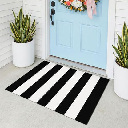 KOZYFLY Black and White Striped Rug 2x3 ft Front Door Mat Woven Cotton Rug - color: Black and White, size: 2' x 3' (Rectangular)