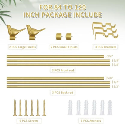 3/4" Diameter Farmhouse Double Window Treatment Curtain Rod, Bird Finials (84"-120", Gold) - color: Gold, size: 84"-120"