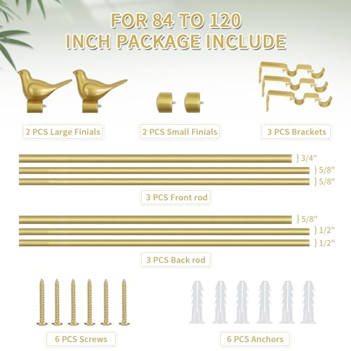 3/4" Diameter Farmhouse Double Window Treatment Curtain Rod, Bird Finials (84"-120", Gold) - color: Gold, size: 84"-120"