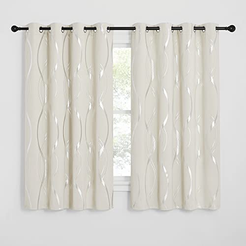 NICETOWN Bedroom Blackout Curtains Panels - Window Treatment Thermal Insulated Solid Grommet Blackout Wave Line Foil Print Design Curtains for Living Room (Set of 2, 52 by 63 Inch, Beige) - color: 1 - Beige, size: 52"W x 63"L (Pack of 2)