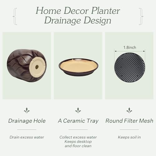 7.2 Inch Modern Ceramic Glaze Plant Pot with Drainage Hole,Mesh Net,Saucer,Indoor Outdoor Planter(Leaf-Dark Purple) - color: Leaf-dark Purple