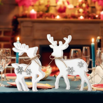 3Pcs Cute Christmas Tiered Tray Decor Indoor, Wooden Farmhouse Reindeer Christmas Tabletop Decorations Xmas Centerpiece, Rustic Reindeer Sign Standing Elk Decor for Home Shelf (White) - style: White