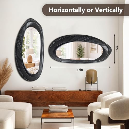 POZINO 47"X22" Large Irregular Wall Mirror, Black Asymmetrical Oval Mirror - size: 47"L x 22"W
