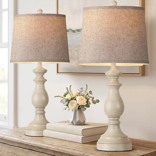 PARTPHONER Traditional Table Lamp Set of 2, Rustic Farmhouse Table Lamps for Living Room Bedroom, 27" Bedside Desk Lamps Vintage Nightstand Lamps with Linen Shades, Antique White - color: Antique White, size: 27 Inch