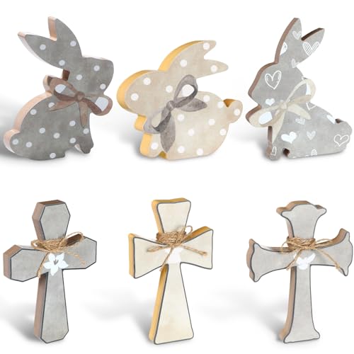 6 Pcs Easter Decorations Wood Bunny Cross Decoration Sign Tiered Tray Decor Farmhouse Rabbit Cross Easter Decor for the Home Spring Table Centerpiece, 6 Inch(Simple) - style: Simple