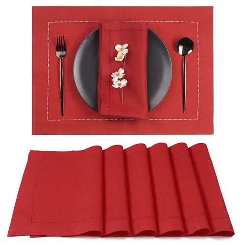 Signature Linen™ by D'Moksha, Bright Red Placemats Set of 6, 14 x 19 Inch, 100% Pure Linen Table Mats, Hemstitch, Machine Washable Cloth Placemats- Fall, Weddings, Outdoor Hosting - color: Bright Red, size: Set of 6 (14 X 19 Inch)
