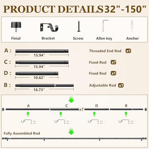 Curtain Rods for Windows 32-144 Inch, 1 Inch Adjustable Black Curtain Rod Set with Brackets, Easy Install - color: Black, size: 32"-144"/1 Pack