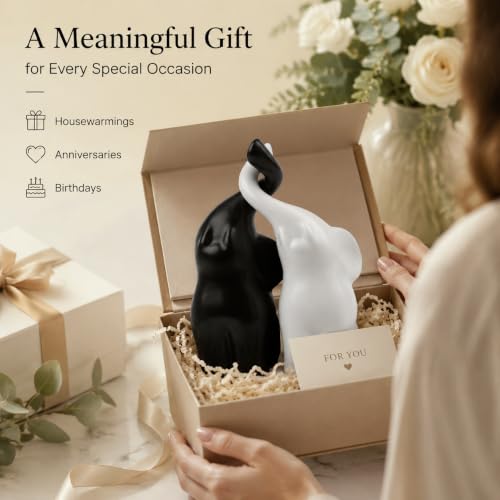 QINJIEJIE Elephant Statue Loving Elephant Gift 14th Anniversary for Couples - color: Black & White
