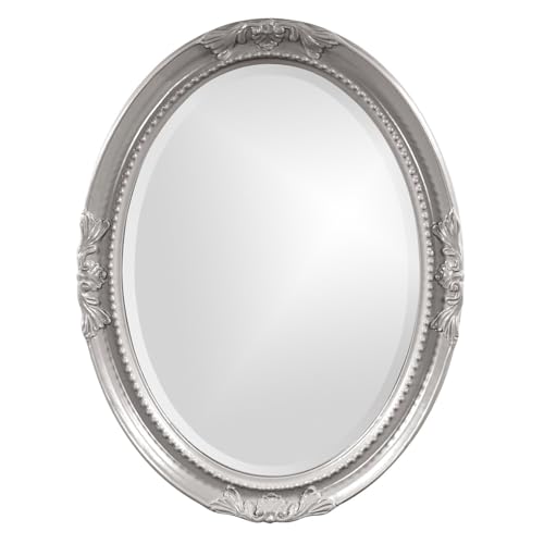 Howard Elliott Collection Queen Ann Oval Glossy Nickel Wall Mirror, Oval Bevelled Hanging Wood Framed Vanity Mirrors for Home Decor, Living Room, Bathroom, Bedroom, or Hallway, 25 x 33 Inch - color: Glossy Nickel, size: 33"L x 25"W, style: Queen Ann Mirro