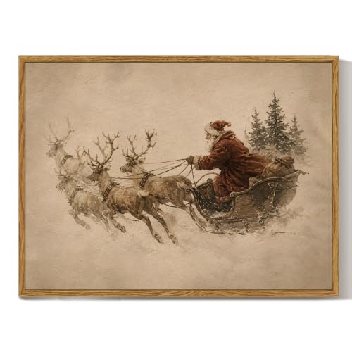 ARPEOTCY Vintage Winter Christmas Framed Wall Art, Santa Reindeer, 12x16In - color: Christmas Reindeer Sled, size: 16"L x 12"W
