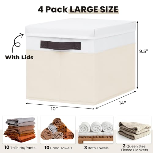 Large Nursery Closet Organizer Bins with Lids 4 Pack - 23 QT Decorative Storage Baskets for Living Room Bedroom Shelf - Stackable Storage Boxes with Lids Handles for Clothes Sweater Book Towel Purse - color: White with Beige, size: 4pcs-Large