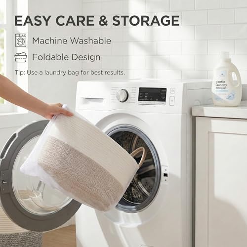 JMvicyroam 65L Extra Large Machine Washable Cotton Rope Blanket Basket - color: White&Brown, size: 65L