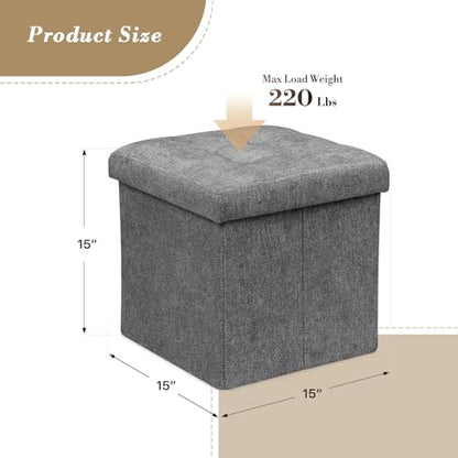 Athena Collection 15" Storage Ottoman Bench Folding Bench with 40L Hidden Storage, Small Cube Ottoman Linen Foot Rest Stool Chest with Flipping Lid for Living Room, Bedroom, Entryway, Dark Gray - color: Dark Gray, style: 15" Linen